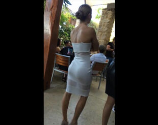 Outstanding bodacious chick in candid taut sundress on phone